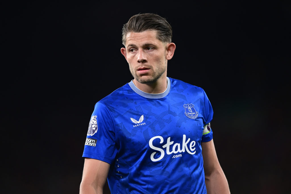 Everton's James Tarkowski during the Premier League match between Liverpool FC and Everton FC at Anfield .