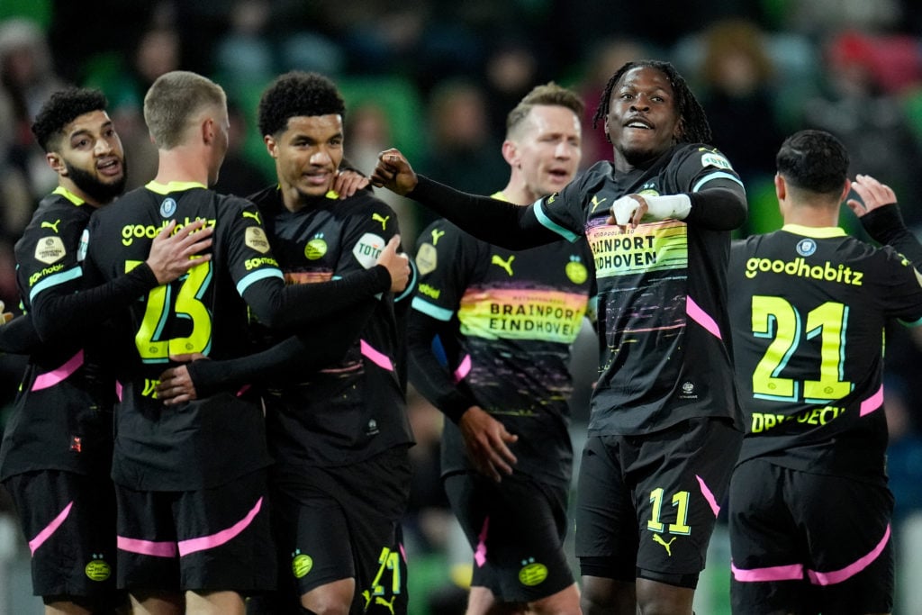 Johan Bakayoko celebrates after scoring for PSV Eindhoven.