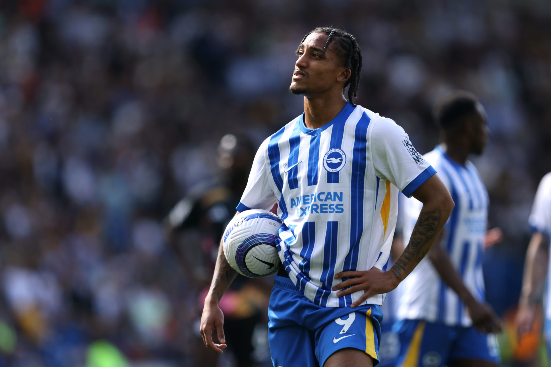 Joao Pedro of Brighton in action against Leicester City.