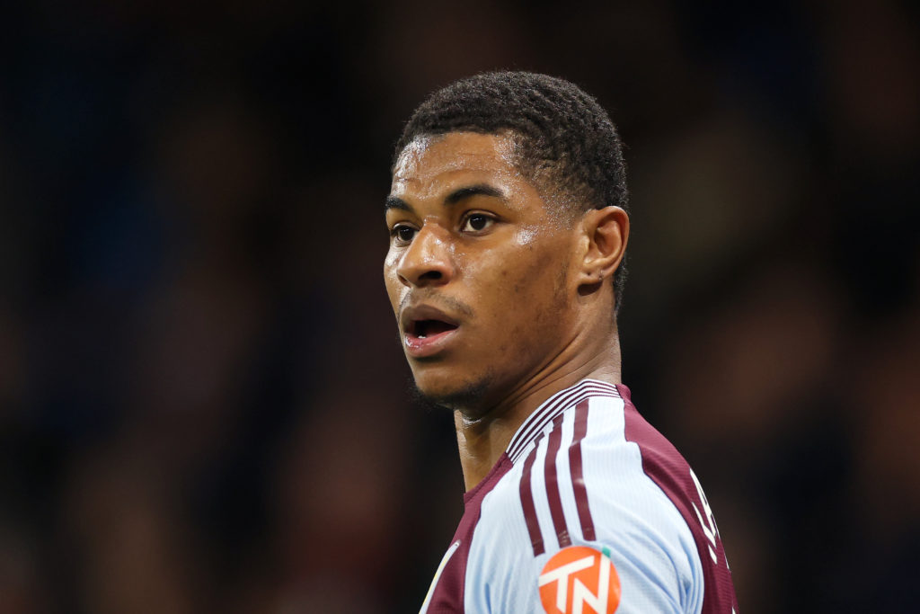 Marcus Rashford of Aston Villa looks on during the Premier League match against Manchester City.