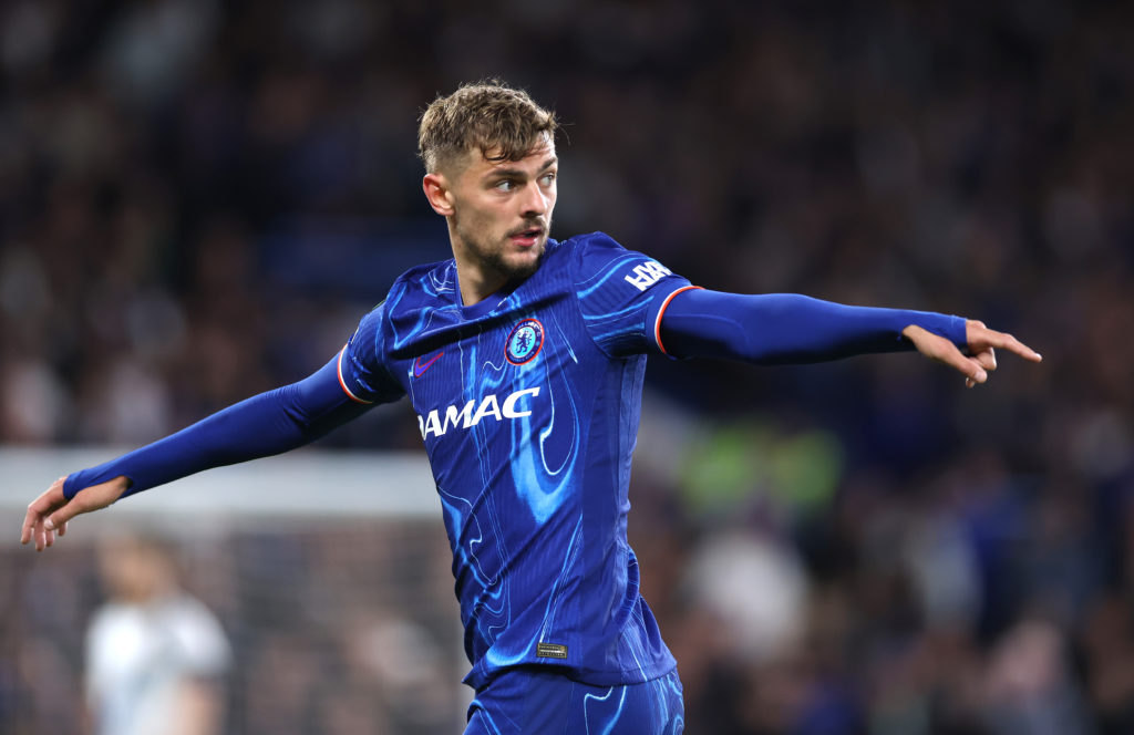 Kiernan Dewsbury-Hall of Chelsea looks on during the UEFA Conference League 2024/25 Semi Final Second Leg match between Chelsea FC v Djurgarden.