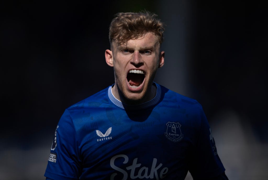 Jarrad Branthwaite celebrates during Everton FC v Ipswich Town.