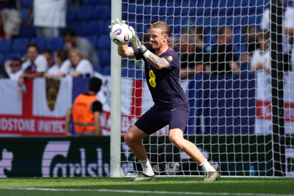Jordan Pickford warming up before England's game against Andorra.