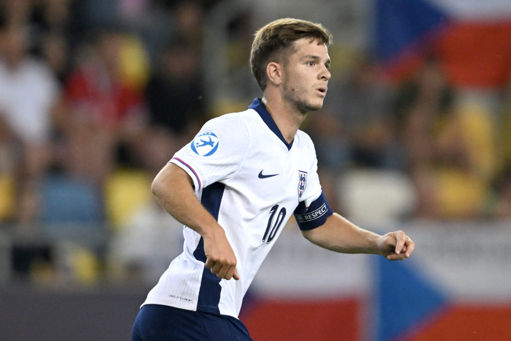 James McAtee playing for the England U21s.