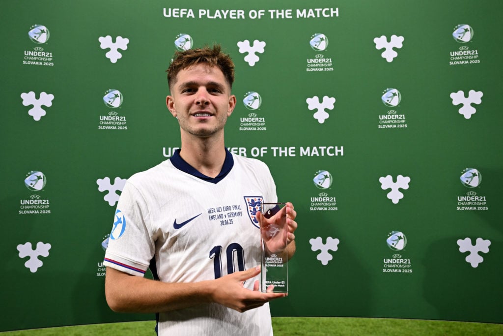 James McAtee poses with his Player of the Match trophy after wining the European Championship with the England U21s.
