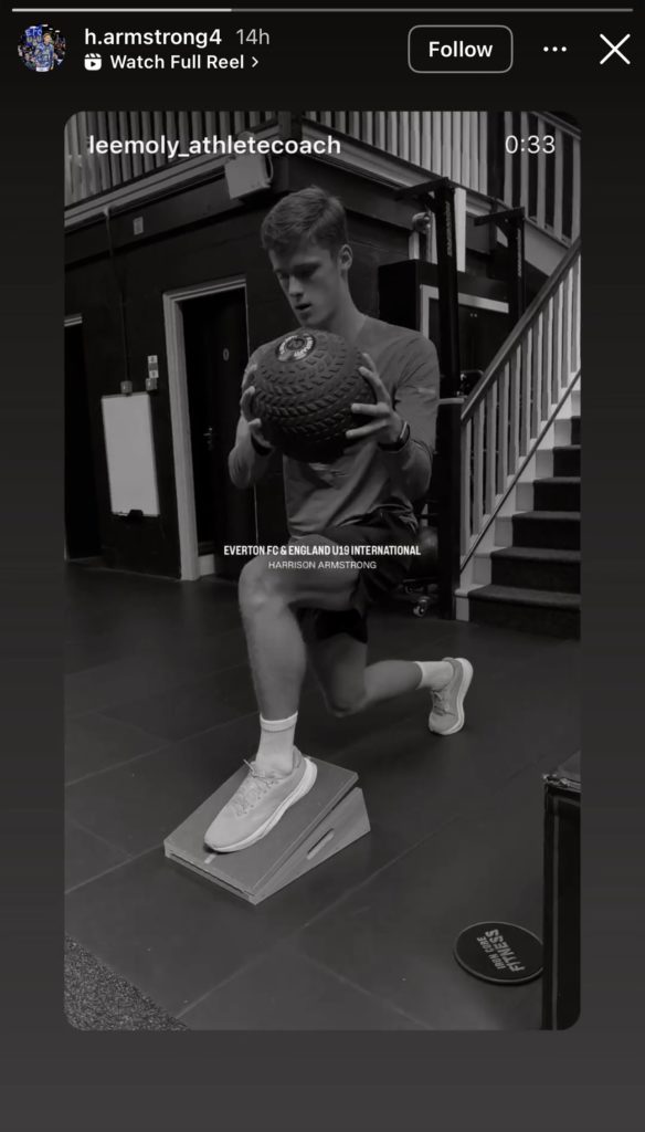 Everton midfielder Harrison Armstrong works individually in the gym ahead of pre-season.