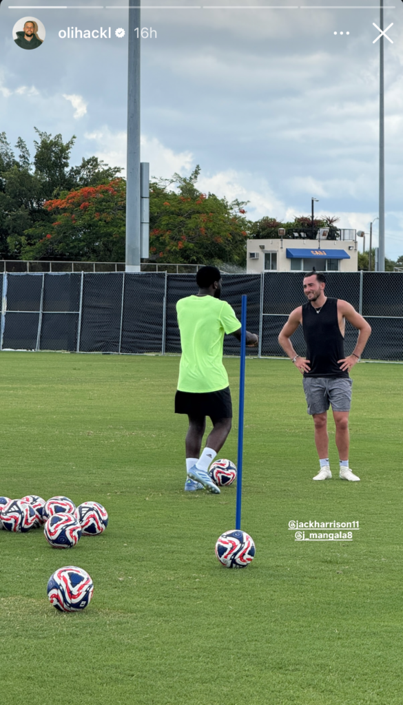 Jack Harrison and Orel Mangala train together following their Everton exits.