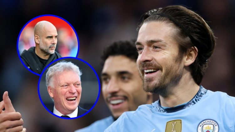 Jack Grealish playing for Manchester City (right), Manchester City manager Pep Guardiola (upper inset), Everton manager David Moyes (lower inset)