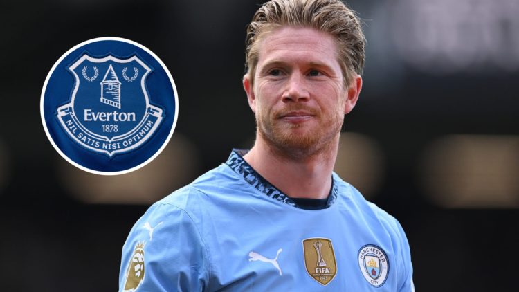 Manchester City midfielder Kevin De Bruyne. Inset of Everton badge.