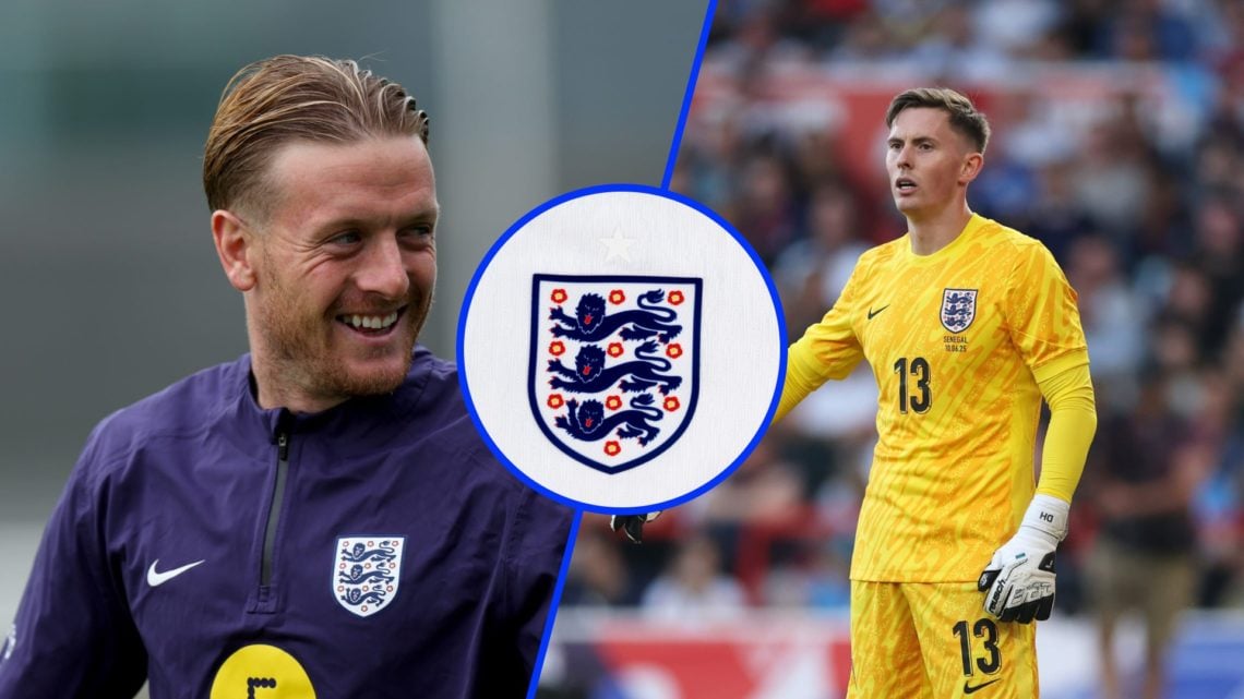 Jordan Pickford trains for England ahead of their friendly against Senegal. Dean Henderson points at his England defenders during their loss agains...