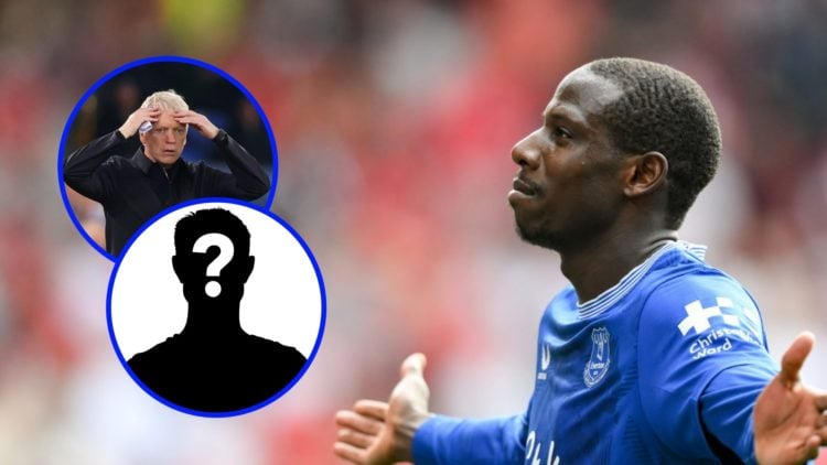 Abdoulaye Doucoure celebrates for Everton (right), David Moyes puts his hands to his head (upper inset), mystery player (lower inset)