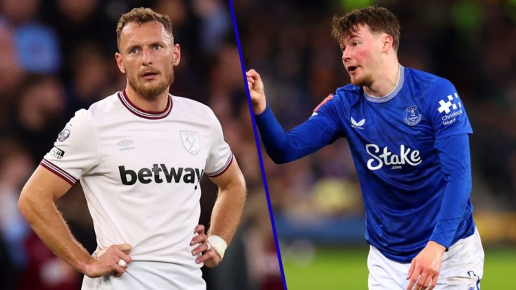 Split image of West Ham right-back Vladimir Coufal in 2025 and Everton defender Nathan Patterson.