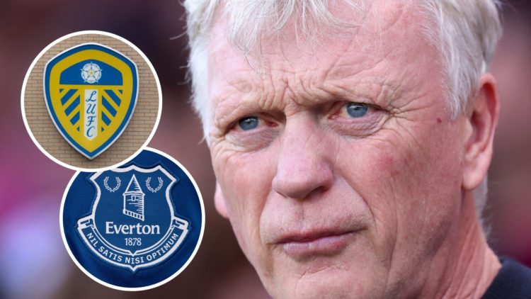 Everton Manager David Moyes during the Premier League match between Fulham FC and Everton FC at Craven Cottage. Inset: The Everton badge and Leeds ...