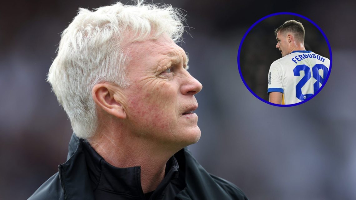 Everton manager David Moyes in 2025. Inset, striker Evan Ferguson playing for Brighton.