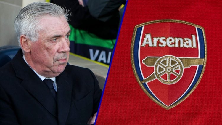 Former Everton manager Carlo Ancelotti at Real Madrid. Inset, Arsenal badge.