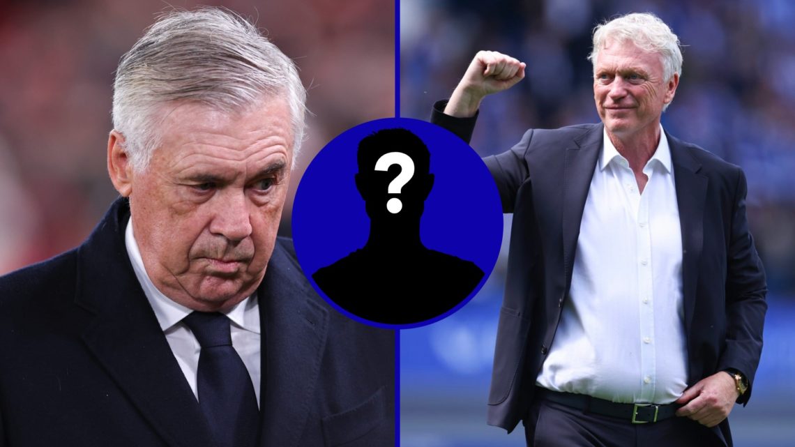 Split image of Carlo Ancelotti at Real Madrid and Everton boss David Moyes. Inset, EN Mystery Player.