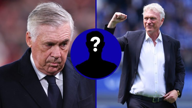 Split image of Carlo Ancelotti at Real Madrid and Everton boss David Moyes. Inset, EN Mystery Player.