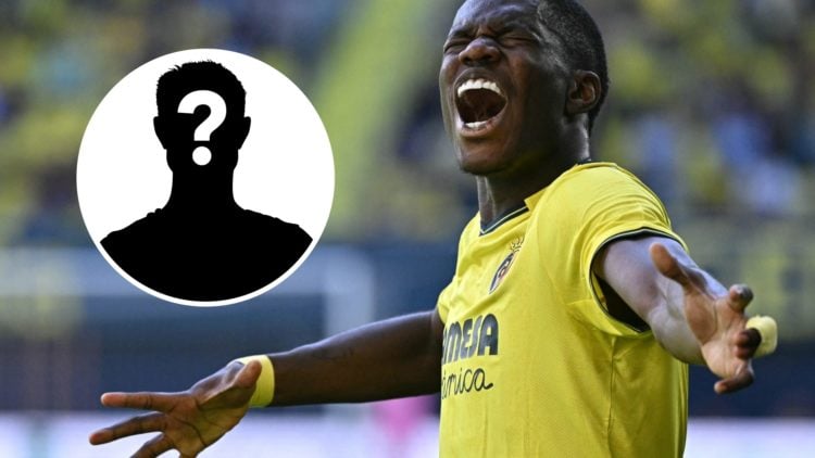 Villarreal striker Thierno Barry celebrating. Inset of mystery player.