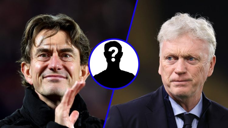 Thomas Frank applauds (left), Everton manager David Moyes looks on (right), mystery player (inset)