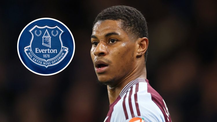 Aston Villa winger Marcus Rashford. Inset of Everton badge.