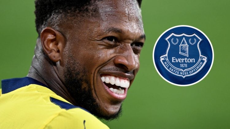 Fenerbahce midfielder Fred. Inset of Everton badge.