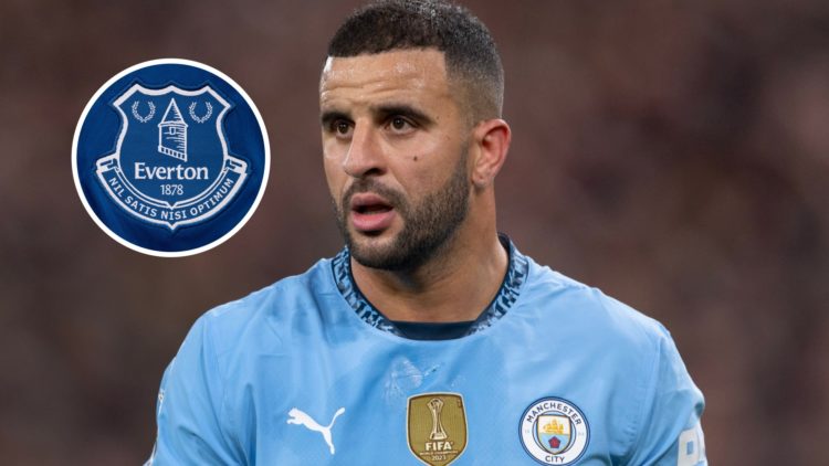Manchester City defender Kyle Walker. Inset of Everton badge.