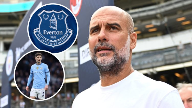 Pep Guardiola of Manchester City looks on during the Premier League match between Brighton & Hove Albion and Manchester City. Inset: The Everton ba...
