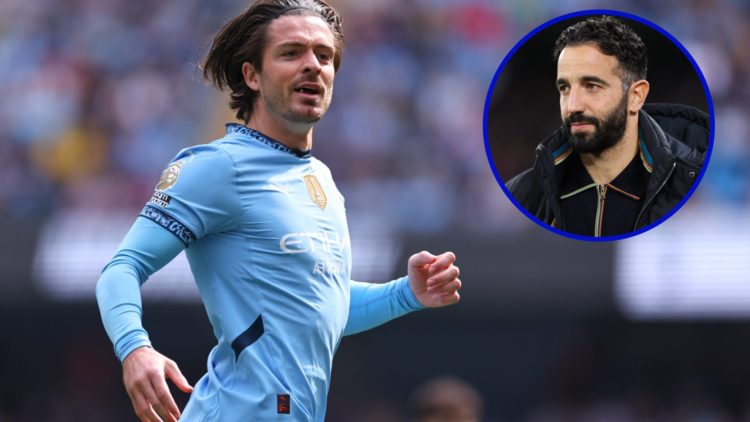 Jack Grealish playing for Manchester City. Inset, Manchester United boss Ruben Amorim.