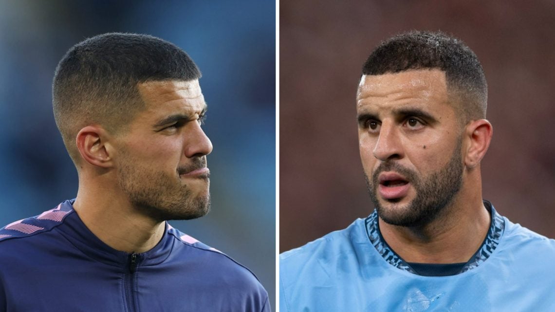 Conor Coady in Everton training gear (left), Kyle Walker playing for Manchester City (right)