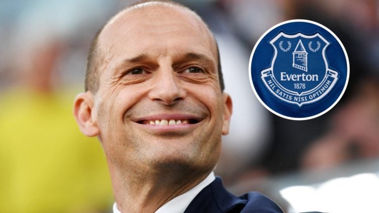 AC Milan manager Max Allegri. Inset of Everton badge.