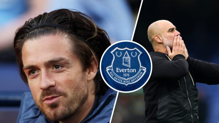 Jack Grealish on the bench for Manchester City (left), Manchester City manager Pep Guardiola looks on (right)