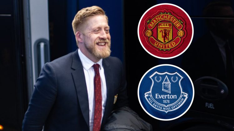 Manchester United academy chief Nick Cox. Inset of the Everton and Manchester United badge.