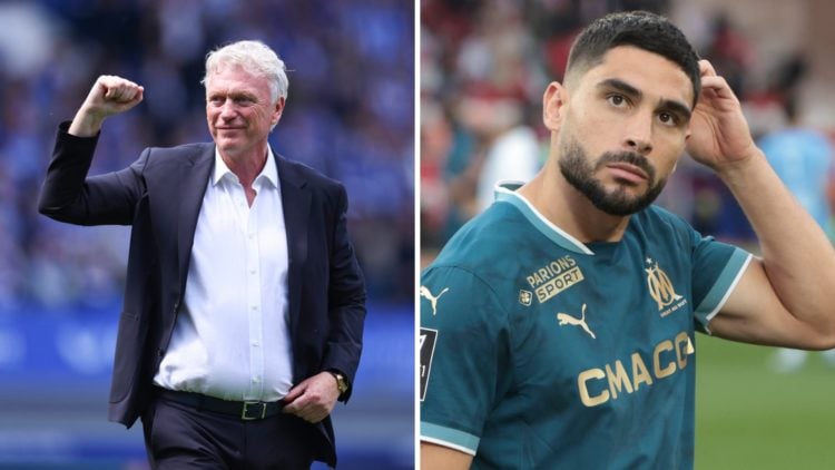 Everton manager David Moyes celebrating. Marseille striker Neal Maupay looking dejected.