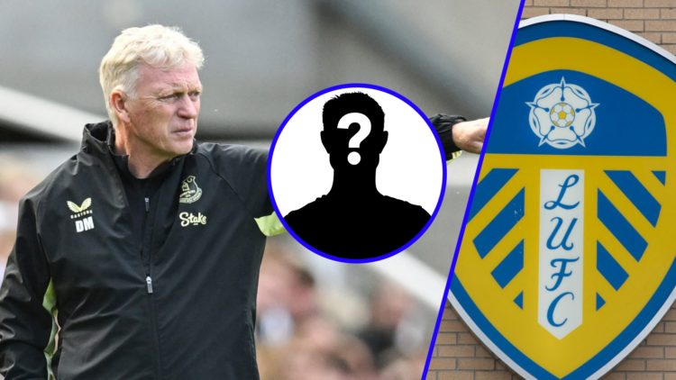 David Moyes on the touchline for Everton (left), Leeds United badge (right), mystery player inset