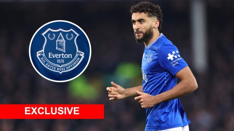 Dominic Calvert-Lewin of Everton during the Premier League match between Everton FC and Aston Villa FC. Inset: The Everton badge