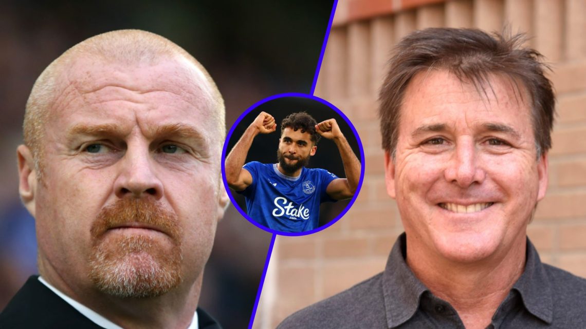Sean Dyche looks on (left), Everton owner Dan Friedkin smiles (right), Dominic Calvert-Lewin celebrates (inset)