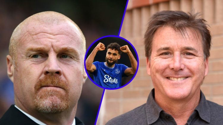 Sean Dyche looks on (left), Everton owner Dan Friedkin smiles (right), Dominic Calvert-Lewin celebrates (inset)