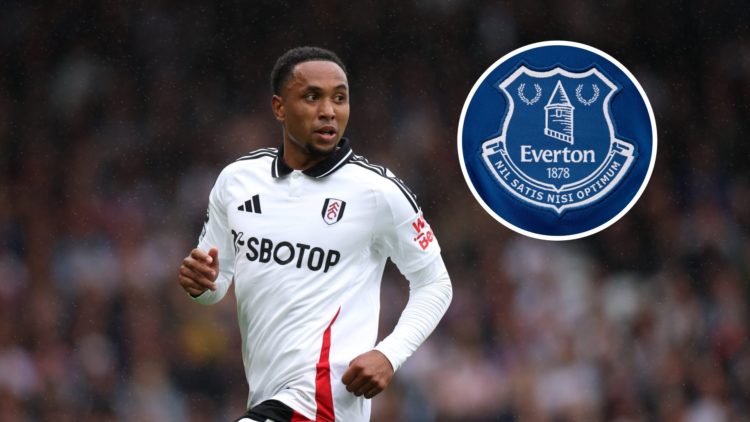 Everton's impending signing Kenny Tete in action. Inset of Everton badge.