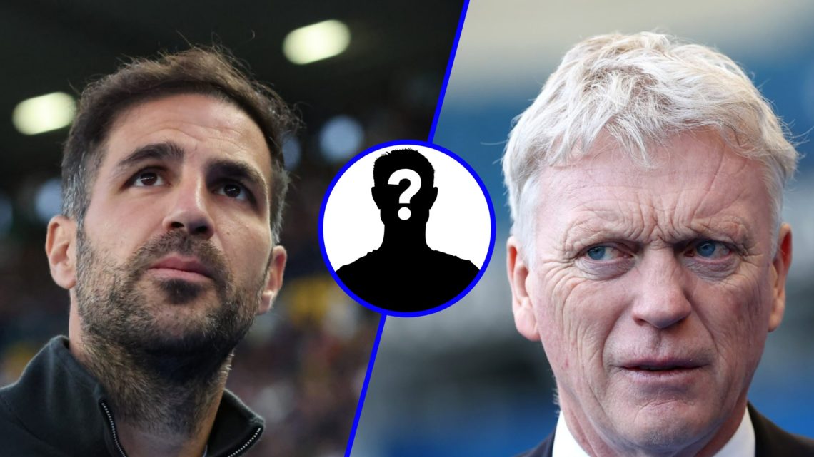 Como manager Cesc Fabregas looks on (left), Everton manager David Moyes looks on (right), mystery player (inset)