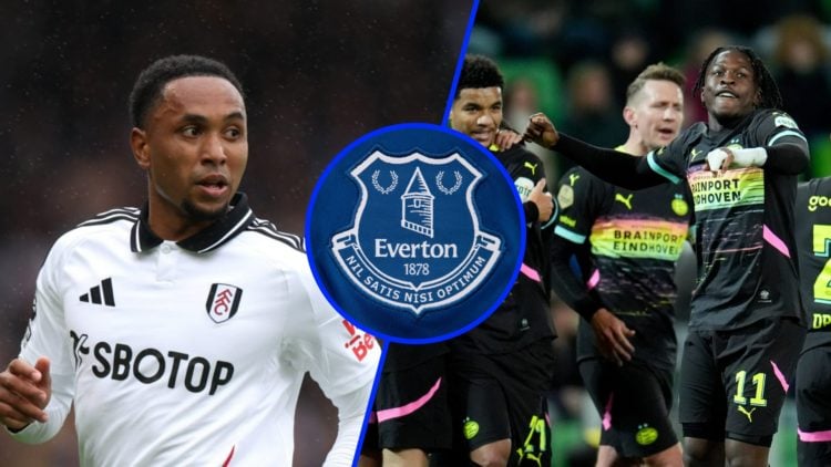 Kenny Tete playing for Fulham (left), Johan Bakayoko celebrates for PSV Eindhoven (right), Everton badge (inset)
