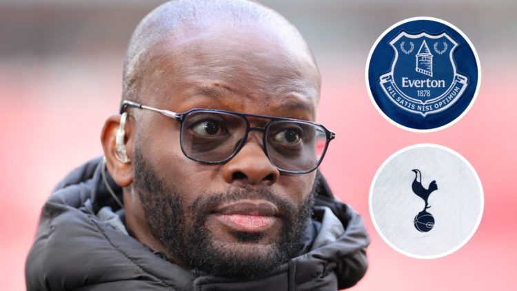 Former Everton striker Louis Saha. Inset of Everton and Tottenham Hotspur badge.