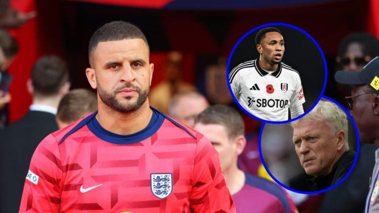 Kyle Walker in England training gear (left), Everton manager David Moyes looks on (lower inset), Kenny Tete playing for Fulham (upper inset)