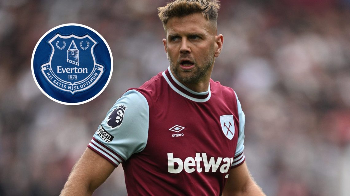 West Ham United striker Niclas Fullkrug. Inset of Everton badge.