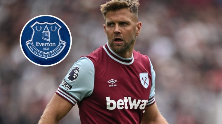 West Ham United striker Niclas Fullkrug. Inset of Everton badge.