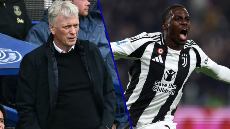 Split image of Everton manager David Moyes in 2025 and Juventus Attacker Timothy Weah celebrating.