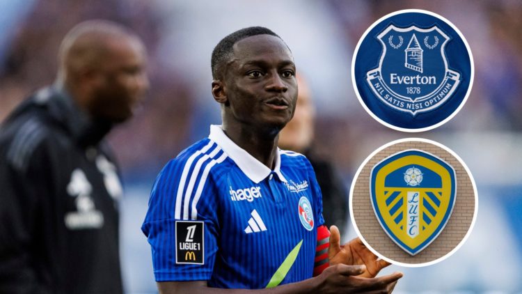 RC Strasbourg midfielder Habib Diarra. Inset of Everton and Leeds United badge.