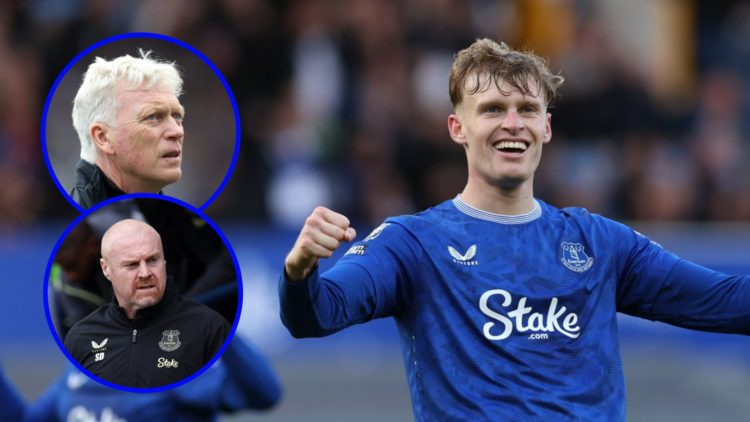 Everton defender Jarrad Branthwaite celebrates (right), David Moyes (upper inset), Sean Dyche (lower inset)