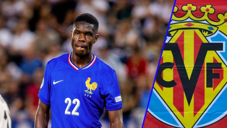 Thierno Barry playing for France U21s against Germany U21s (left), Villarreal badge (right)