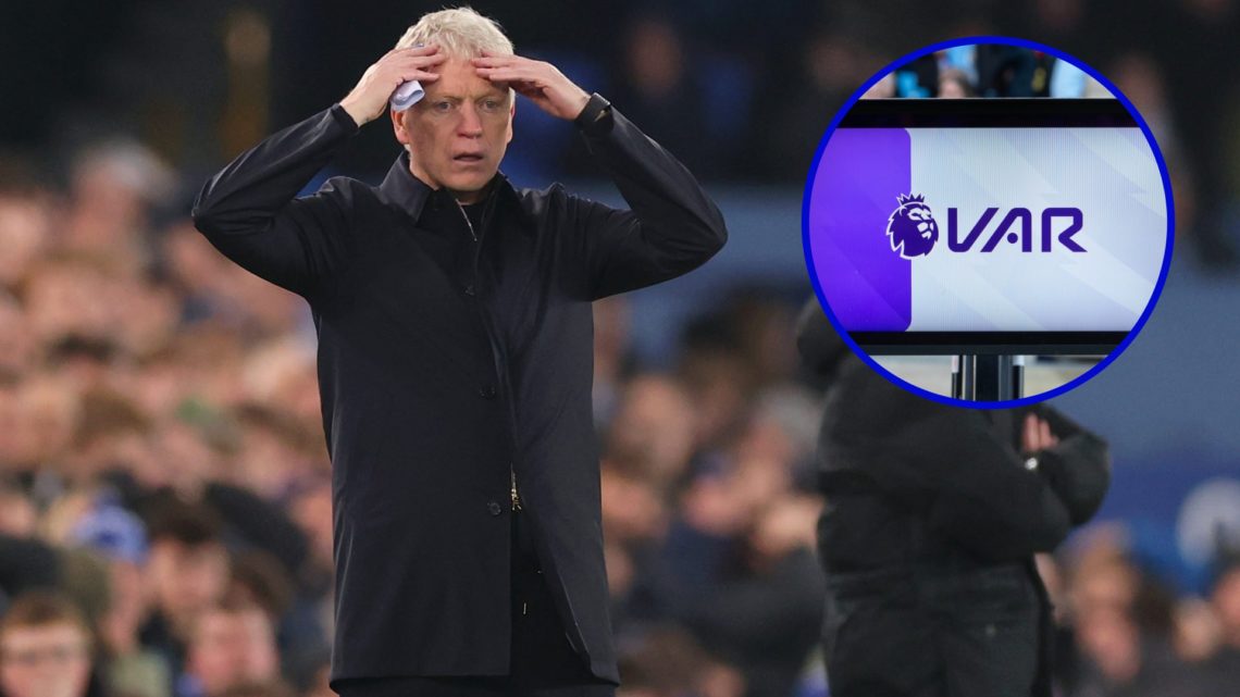 Everton manager David Moyes in disbelief vs Aston Villa. Inset, VAR monitor during Man City vs Crystal Palace.