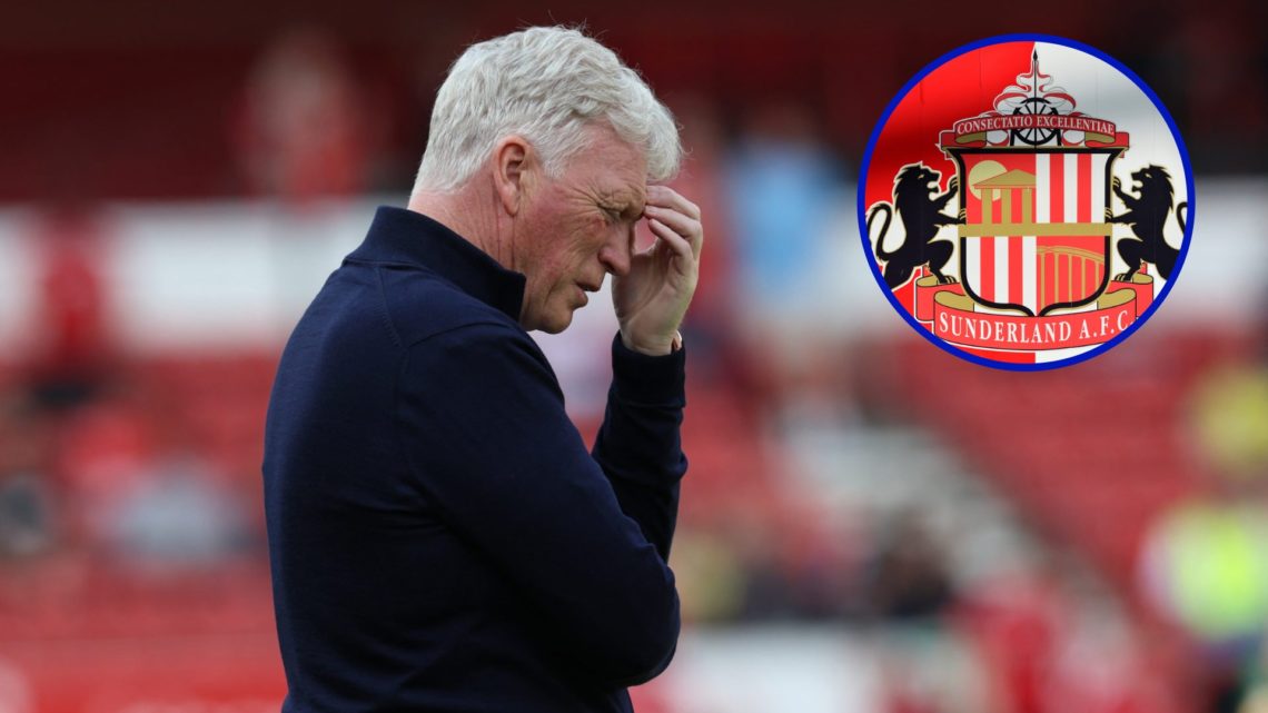 Everton manager David Moyes with his head in his hands. Inset, Sunderland badge.